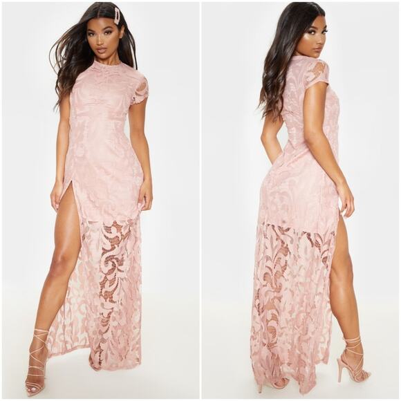 PrettyLittleThing Nude Lace Cap Sleeve Maxi Dress, Size 8, EUC - Picture 2 of 11